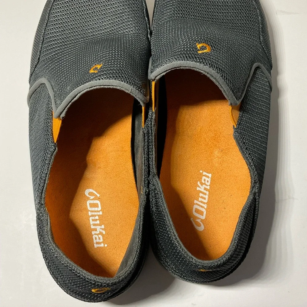 OluKai Men’s Gray Mesh Slip-On Loafers with Orange Insole